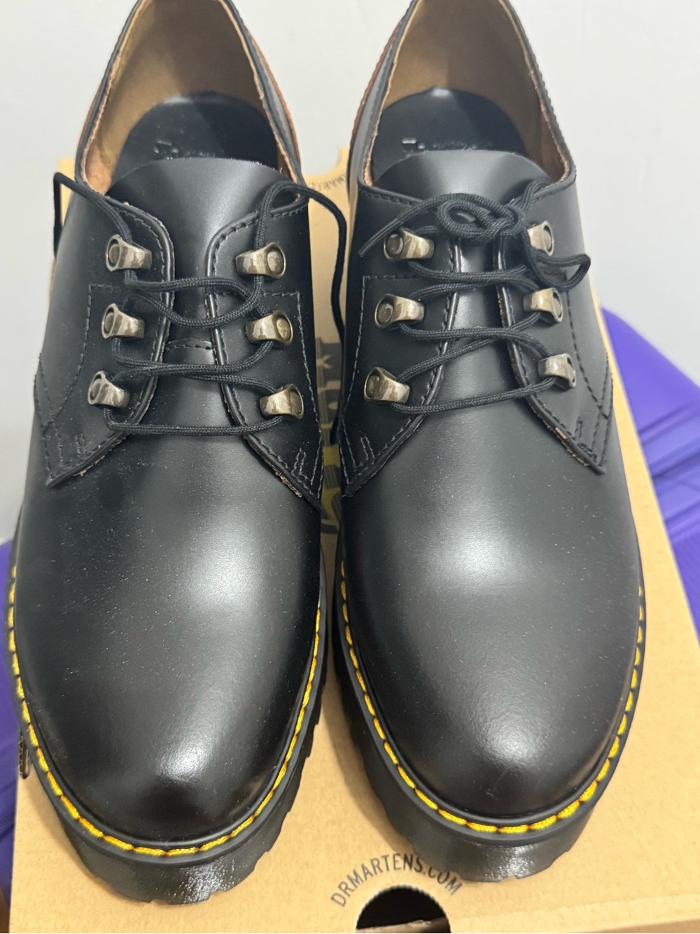 Dr. Martens Black Leather Platform Derby Shoes with Yellow Stitching